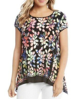Karen Kane 1L78536 Black Rainbow Leaf Top Sz S Embroidered Hi Lo Hem Short Sleev